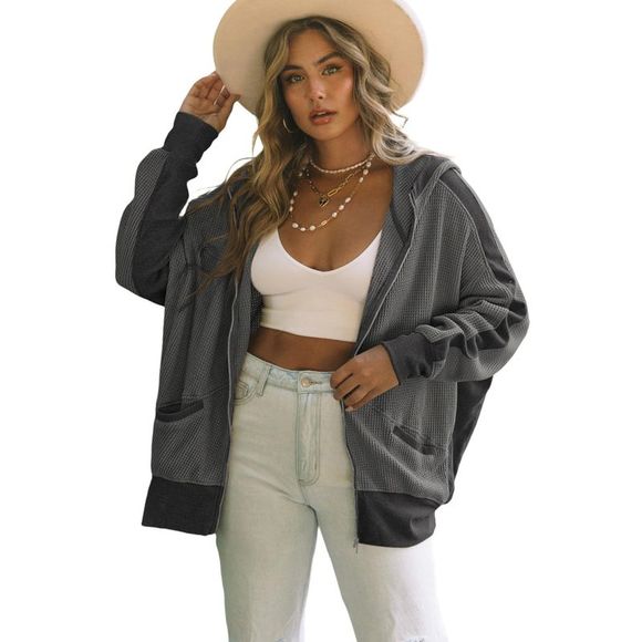 Azura Exchange  Gray Thermal Waffle Knit Full Zipper Hooded Jacket - Picture 5 of 6